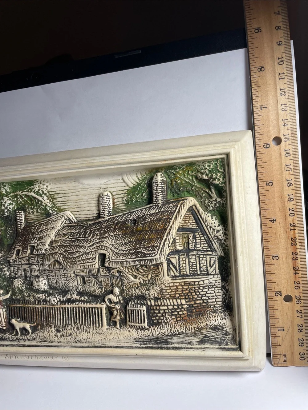 Cottage Scene Relief Wall Plaque in Cream and Green